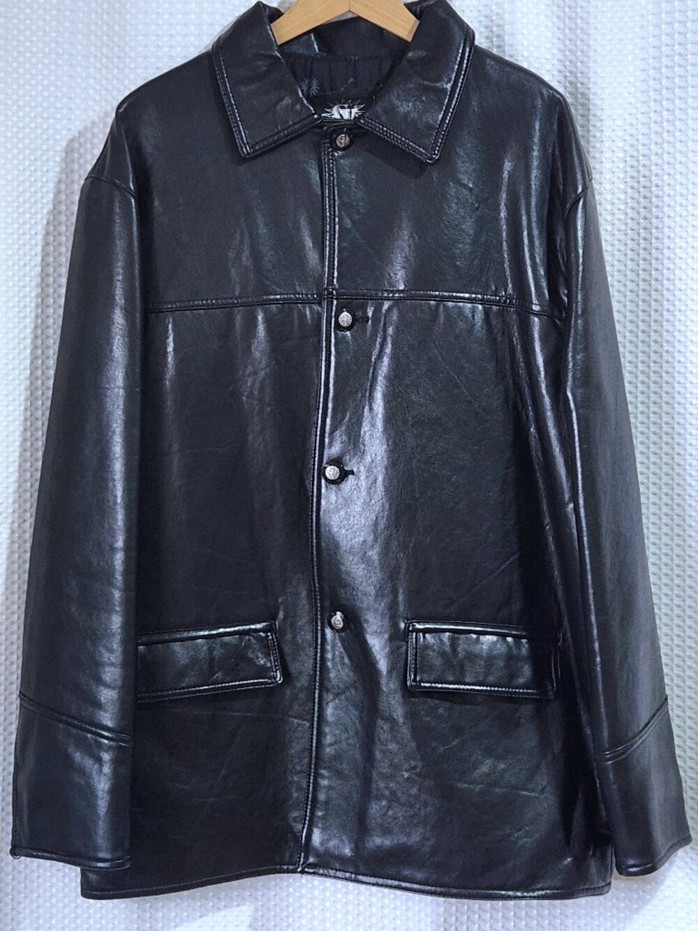 GV Italy Leather Jacket Mens L XL Black Car Coat Vintage Greek Key Button Versac